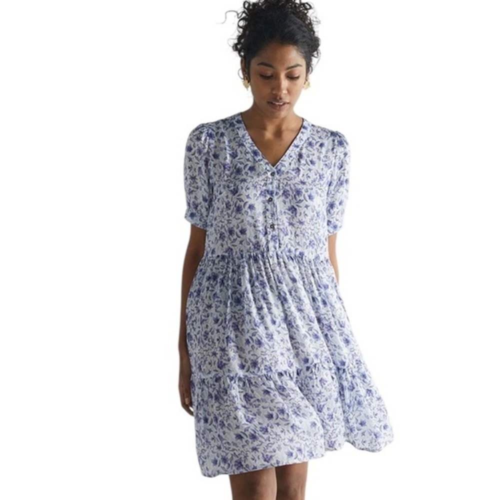 Reistor Womens Purple Floral Mini Dress Puff Sleeve Tiered Smocked